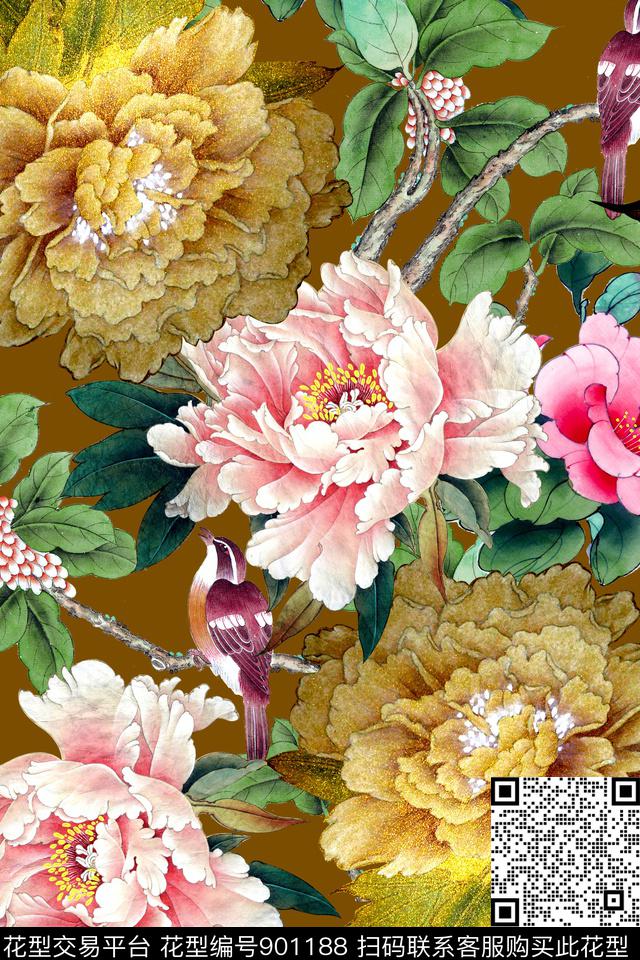 花卉牡丹中国风数码印花华亿平台下载（图片编号: 901188） - 瓦栏（Walan）
