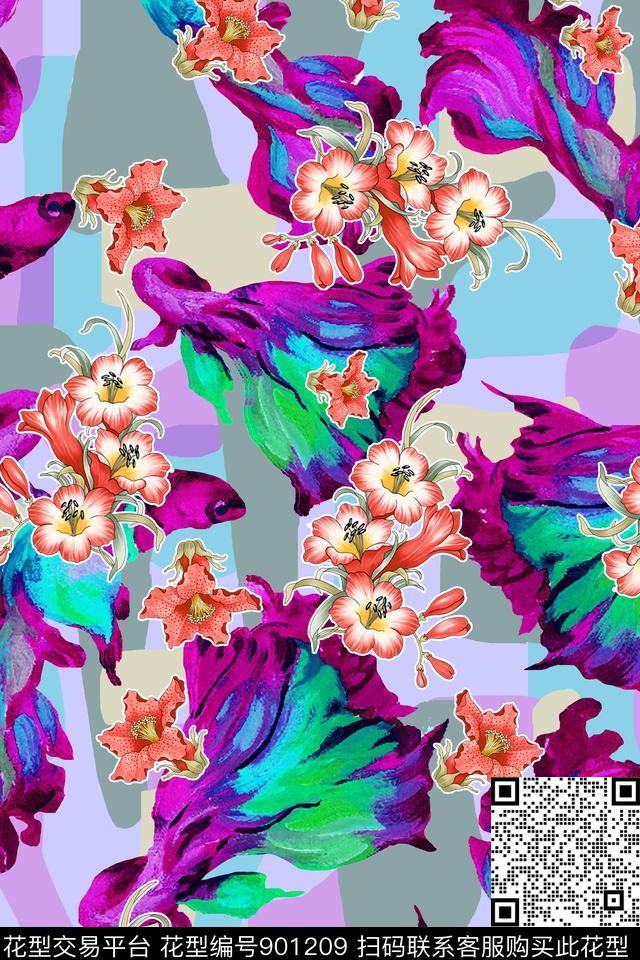 满版散花几何花卉年轻时尚数码印花华亿平台下载（图片编号: 901209） - 瓦栏（Walan）