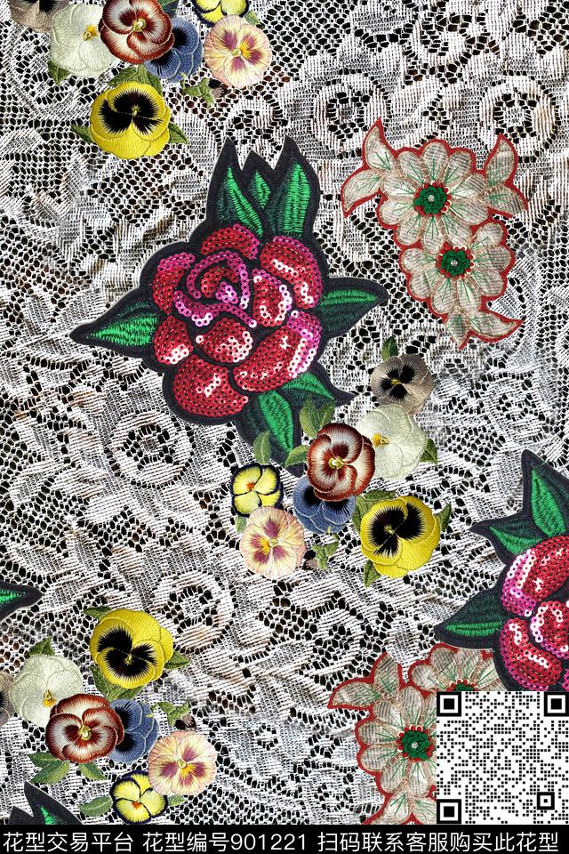 绣花网布蕾丝珠片数码印花华亿平台下载（图片编号: 901221） - 瓦栏（Walan）