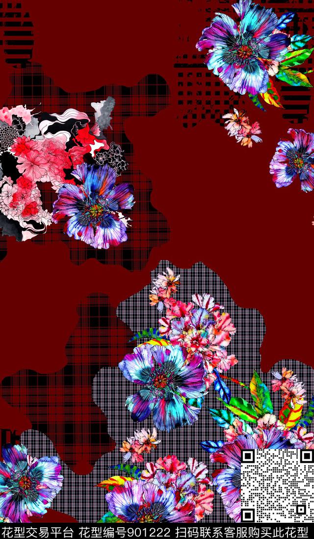 花卉水彩花卉几何花卉数码印花华亿平台下载（图片编号: 901222） - 瓦栏（Walan）
