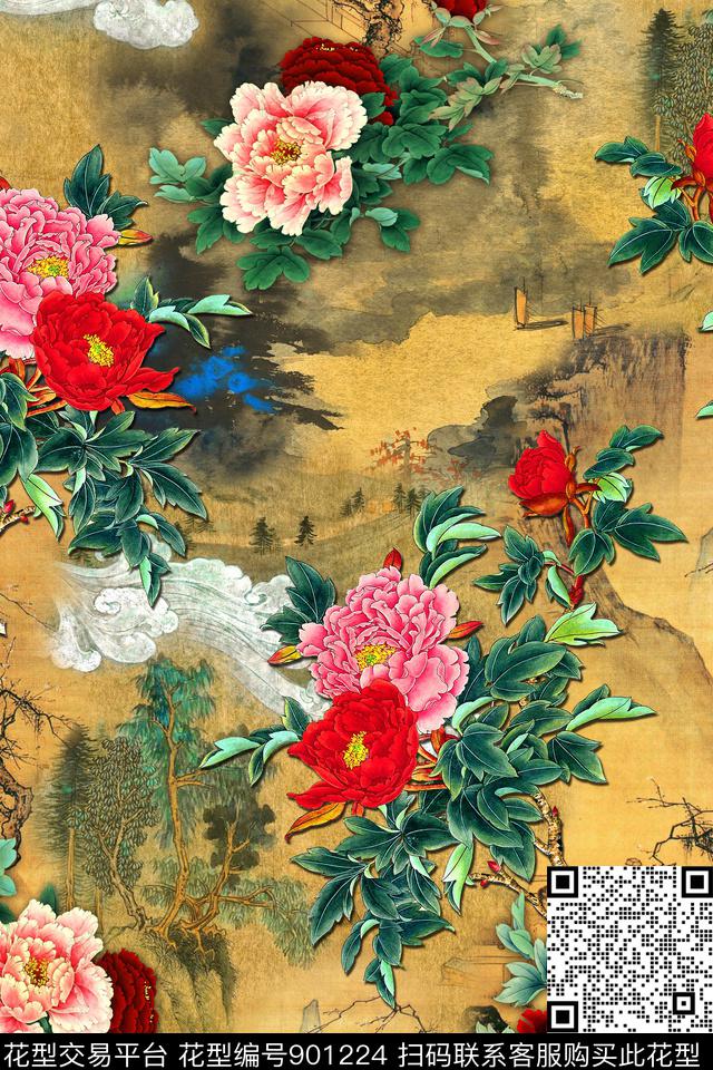 中国风牡丹香云纱数码印花华亿平台下载（图片编号: 901224） - 瓦栏（Walan）