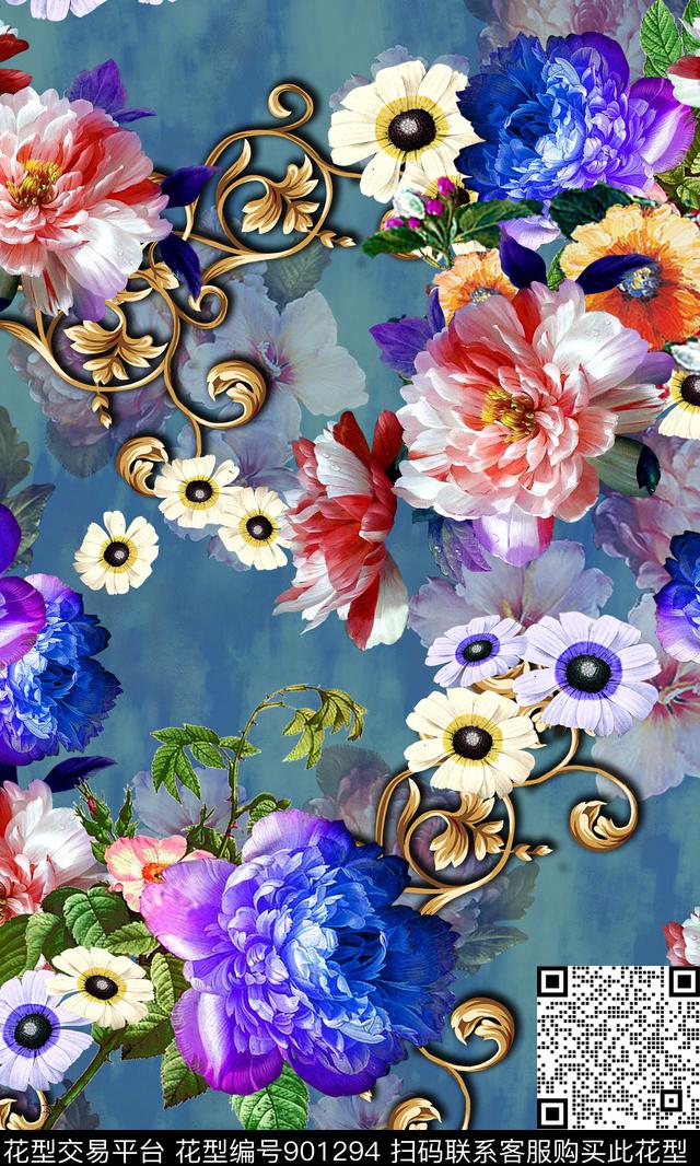 数码华亿平台手绘花卉数码印花华亿平台下载（图片编号: 901294） - 瓦栏（Walan）
