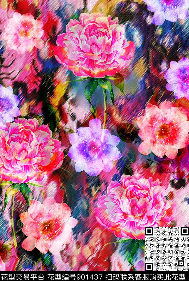 朦胧花卉油画肌理丝绸真丝数码印花华亿平台下载（图片编号: 901437） - 瓦栏（Walan）