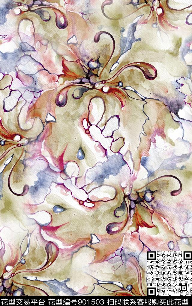 花卉抽象数码印花华亿平台下载（图片编号: 901503） - 瓦栏（Walan）