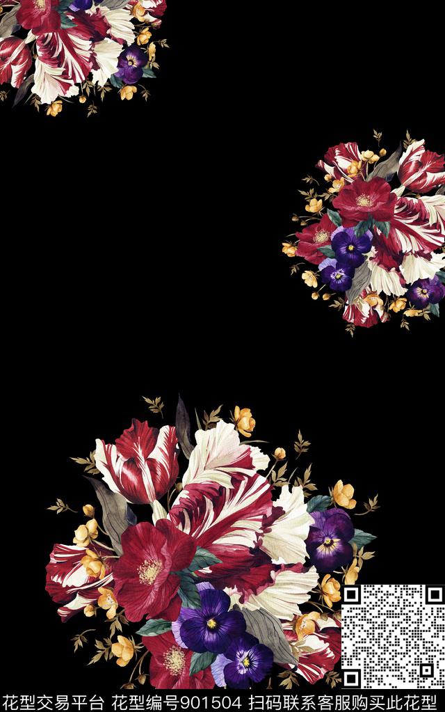 黑底花花卉数码印花华亿平台下载（图片编号: 901504） - 瓦栏（Walan）