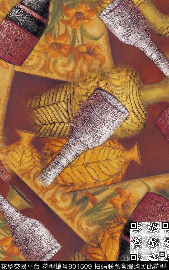 民族风纹理花瓶数码印花华亿平台下载（图片编号: 901509） - 瓦栏（Walan）