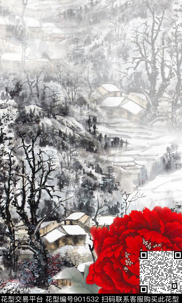 定位花中国风牡丹数码印花华亿平台下载（图片编号: 901532） - 瓦栏（Walan）