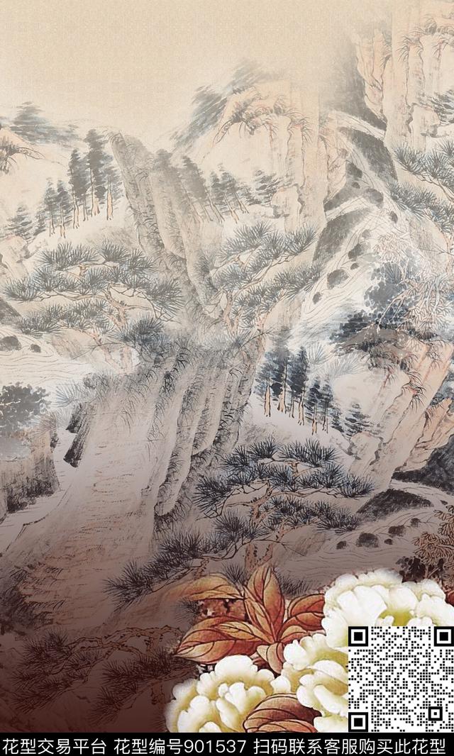 定位花牡丹中国风数码印花华亿平台下载（图片编号: 901537） - 瓦栏（Walan）