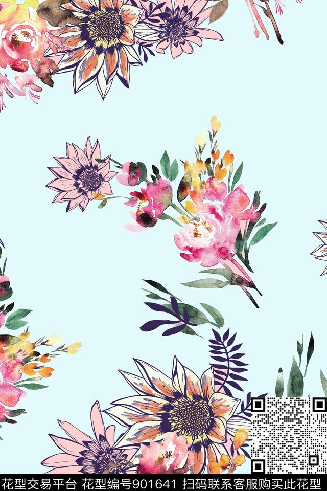 花卉手绘花卉清爽底色花数码印花华亿平台下载（图片编号: 901641） - 瓦栏（Walan）