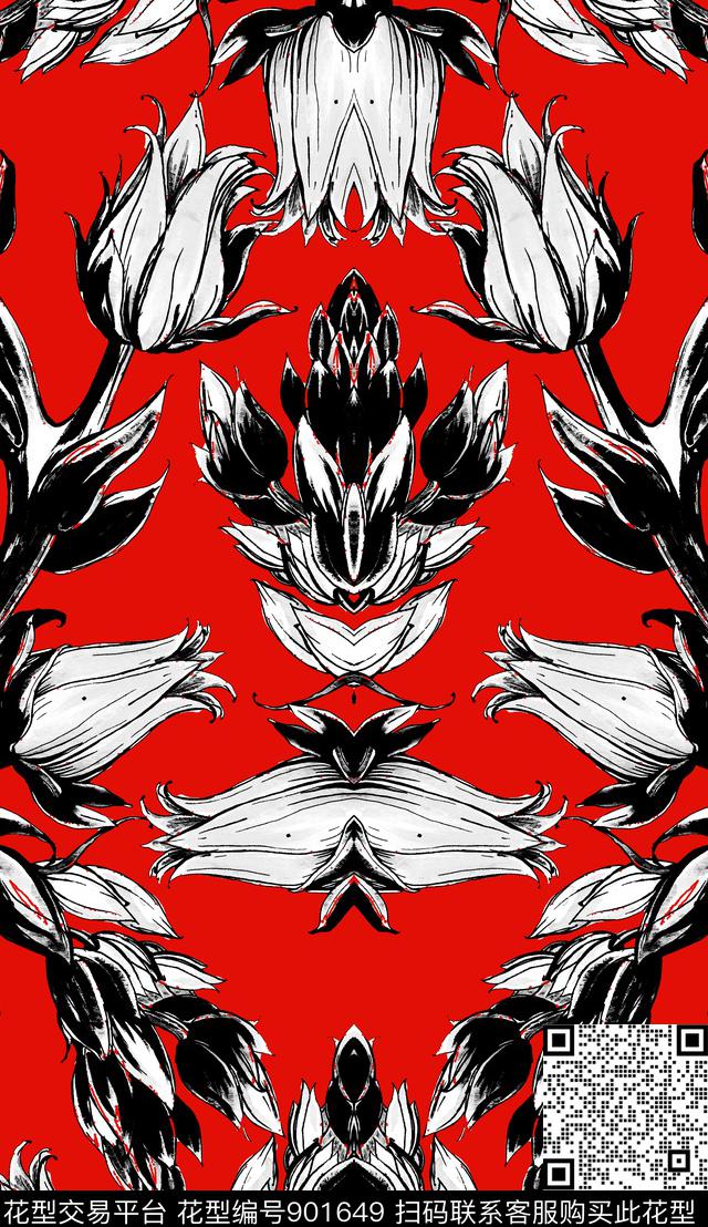 对称花花卉黑白传统印花华亿平台下载（图片编号: 901649） - 瓦栏（Walan）