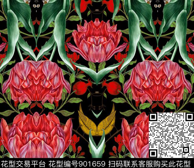 对称花花鸟郁金香数码印花华亿平台下载（图片编号: 901659） - 瓦栏（Walan）