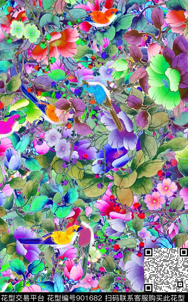 花卉手绘花卉水墨风数码印花华亿平台下载（图片编号: 901682） - 瓦栏（Walan）