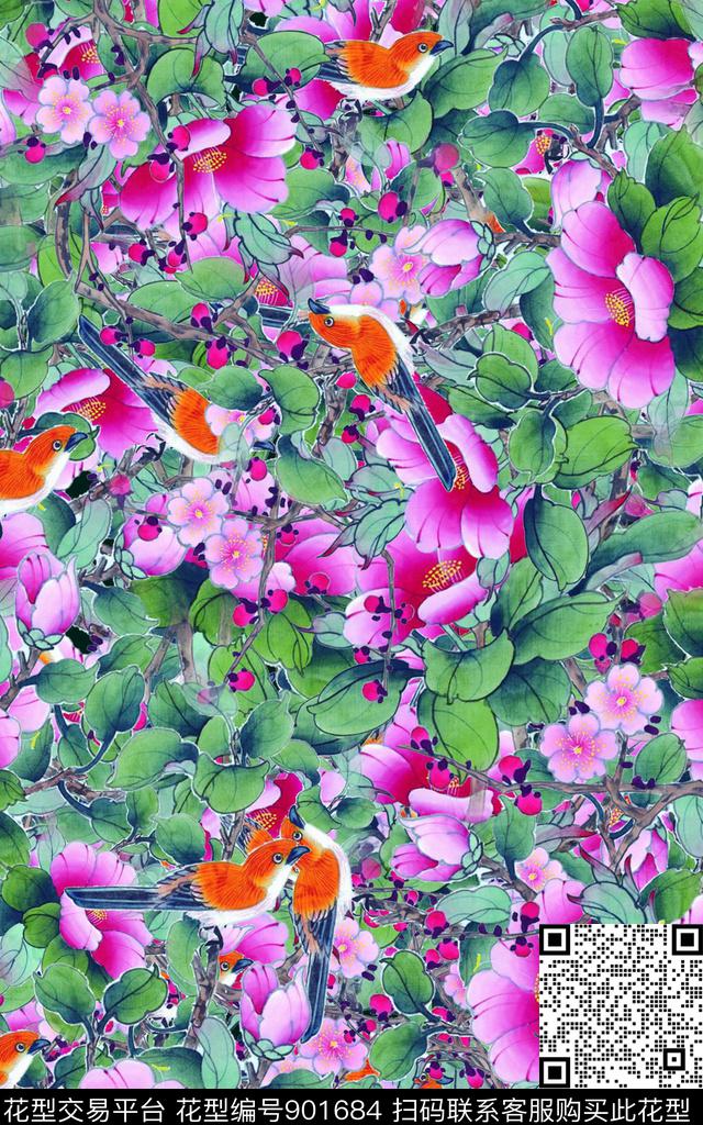 花卉手绘花卉水墨风数码印花华亿平台下载（图片编号: 901684） - 瓦栏（Walan）