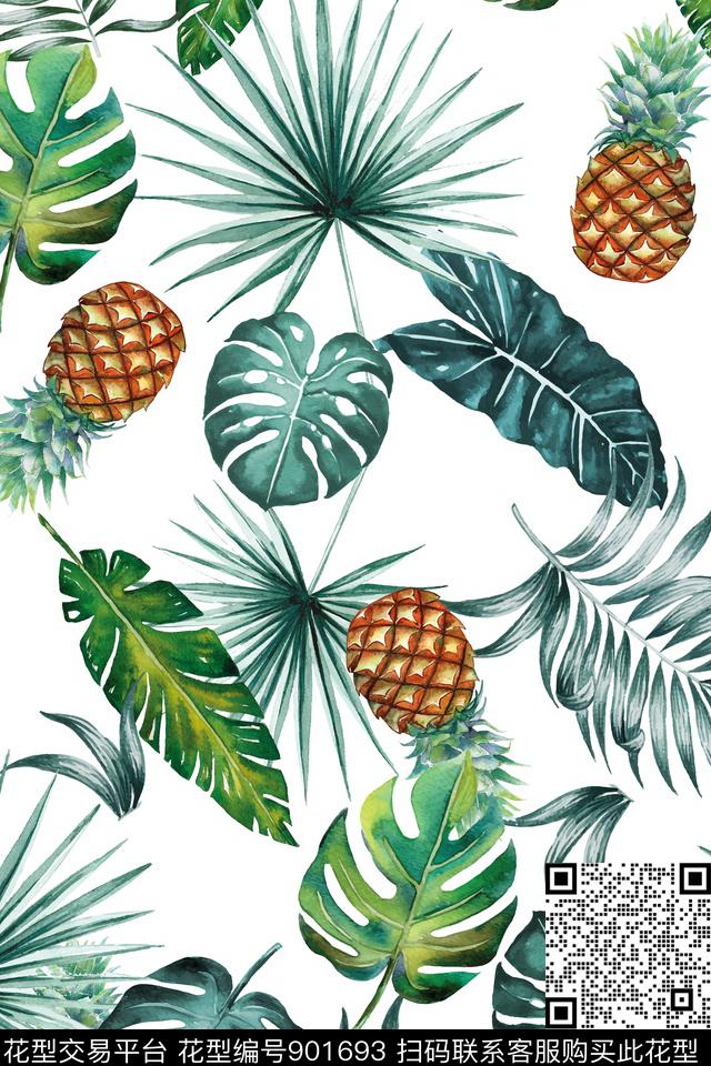 热带绿植树叶菠萝数码印花华亿平台下载（图片编号: 901693） - 瓦栏（Walan）