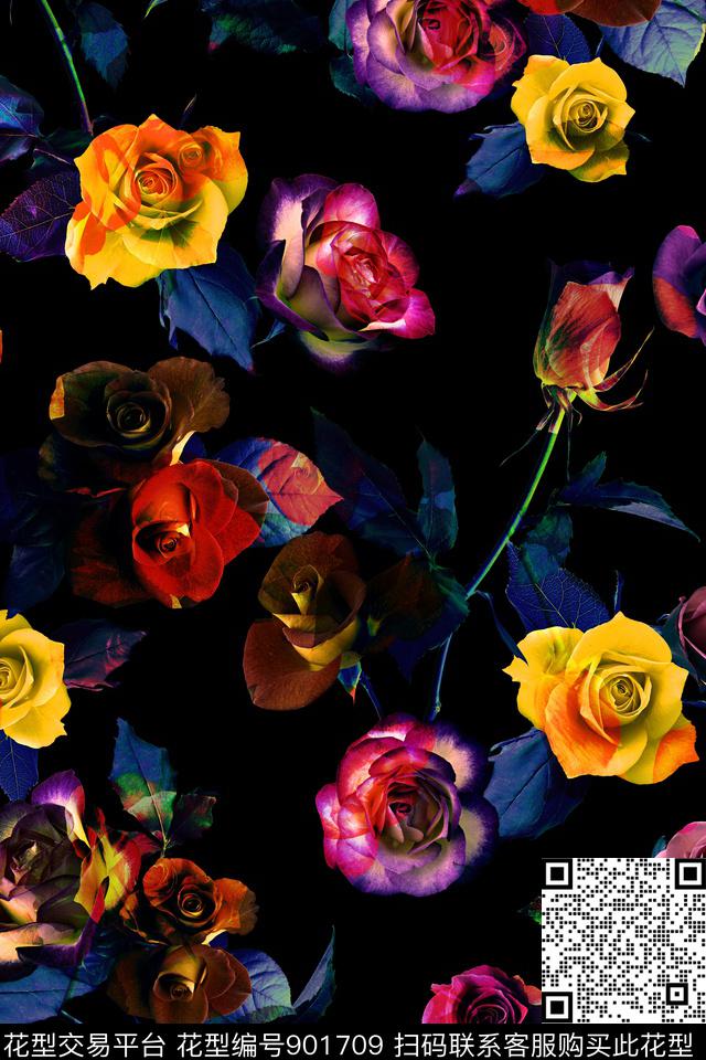 花卉玫瑰花大花数码印花华亿平台下载（图片编号: 901709） - 瓦栏（Walan）