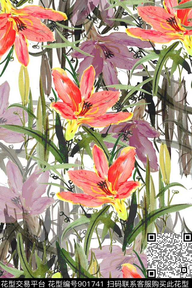 数码华亿平台手绘花卉水彩花卉数码印花华亿平台下载（图片编号: 901741） - 瓦栏（Walan）