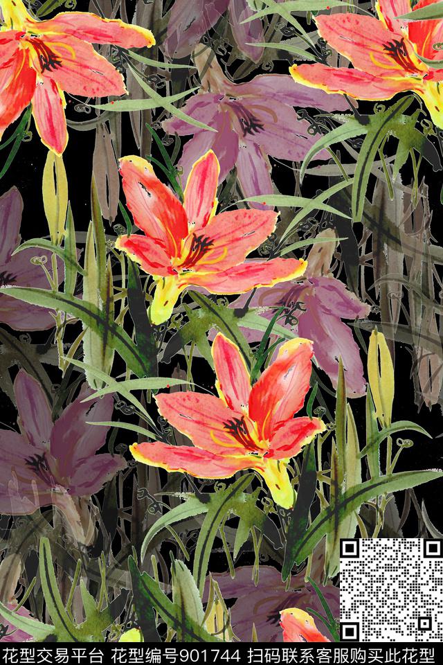 数码华亿平台手绘花卉水彩花卉数码印花华亿平台下载（图片编号: 901744） - 瓦栏（Walan）