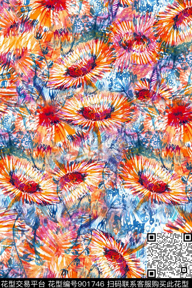 向日葵大牌风花卉数码印花华亿平台下载（图片编号: 901746） - 瓦栏（Walan）