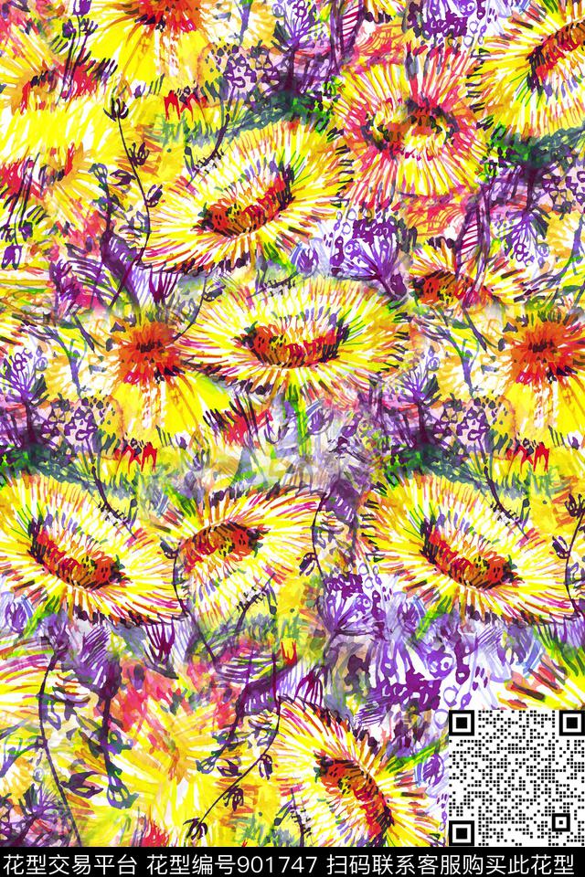 向日葵大牌风花卉数码印花华亿平台下载（图片编号: 901747） - 瓦栏（Walan）