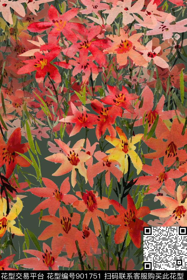 数码华亿平台手绘花卉水彩花卉数码印花华亿平台下载（图片编号: 901751） - 瓦栏（Walan）