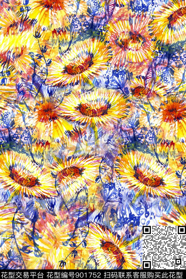 向日葵大牌风花卉数码印花华亿平台下载（图片编号: 901752） - 瓦栏（Walan）
