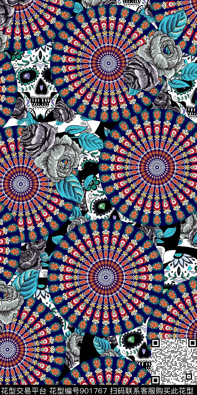 风格化花卉骷髅复古数码印花华亿平台下载（图片编号: 901767） - 瓦栏（Walan）
