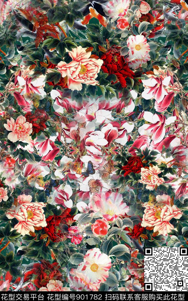 花卉手绘花卉水墨风数码印花华亿平台下载（图片编号: 901782） - 瓦栏（Walan）