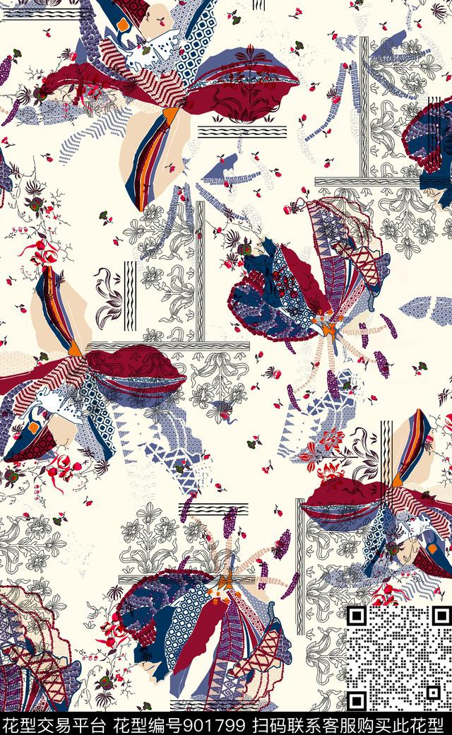 民族风波西米亚手绘花卉数码印花华亿平台下载（图片编号: 901799） - 瓦栏（Walan）