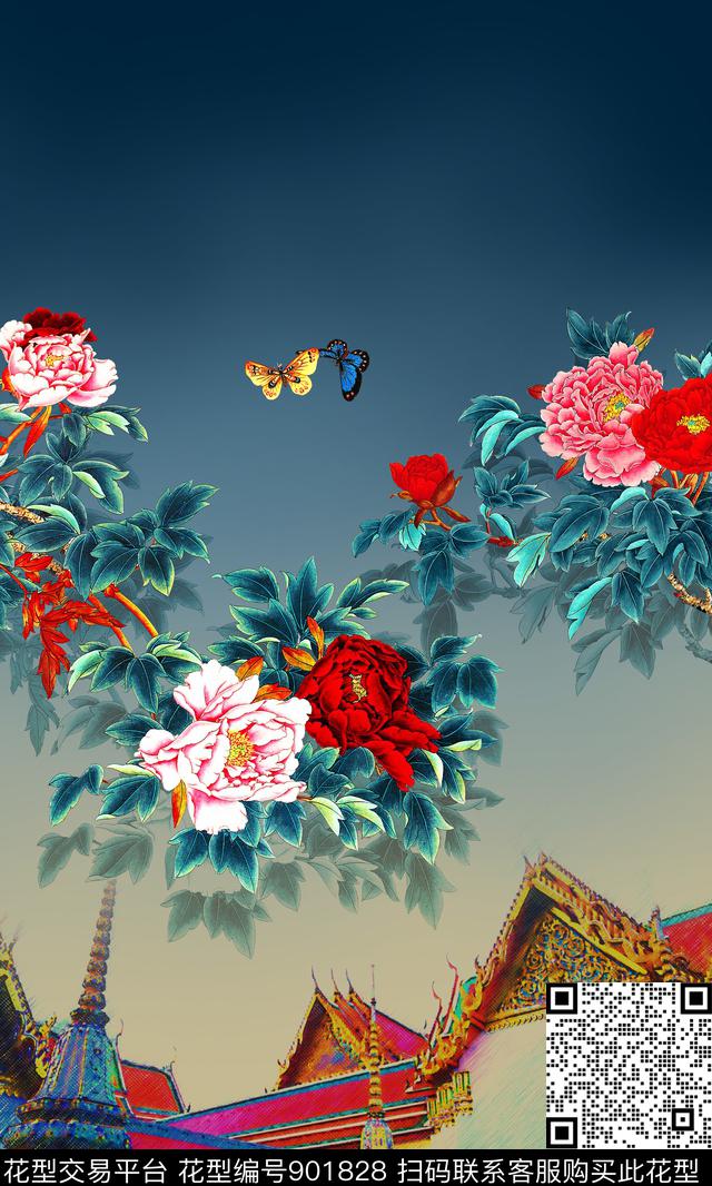 花卉定位花牡丹数码印花华亿平台下载（图片编号: 901828） - 瓦栏（Walan）