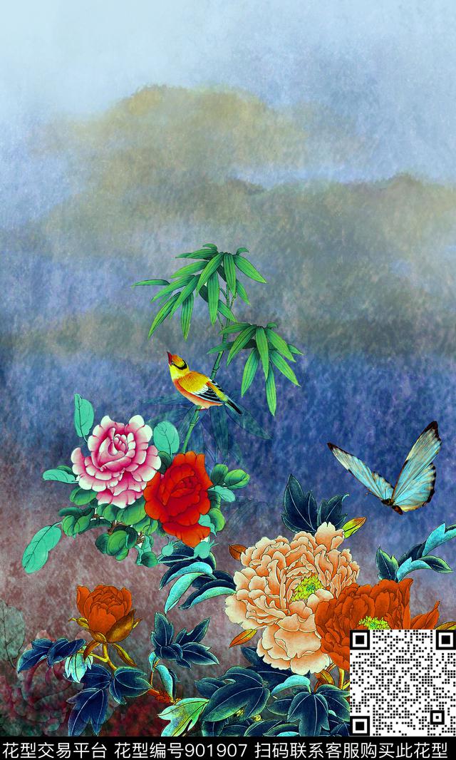 花卉竹子牡丹数码印花华亿平台下载（图片编号: 901907） - 瓦栏（Walan）