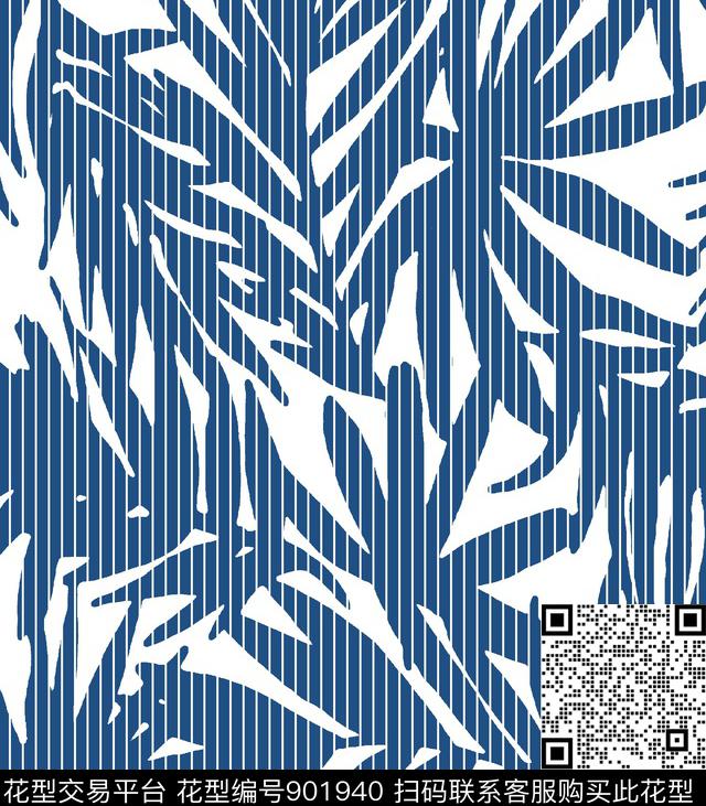 条纹绿植树叶满版散花传统印花华亿平台下载（图片编号: 901940） - 瓦栏（Walan）