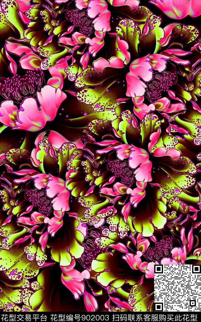 花卉水墨风定位花传统印花华亿平台下载（图片编号: 902003） - 瓦栏（Walan）