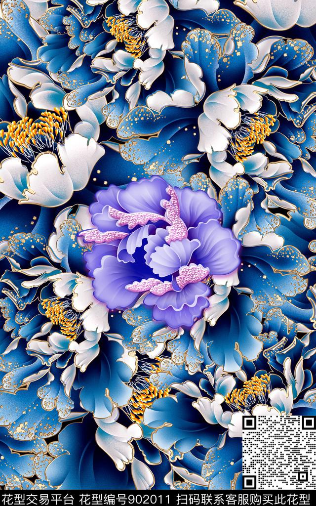 花卉水墨风定位花传统印花华亿平台下载（图片编号: 902011） - 瓦栏（Walan）