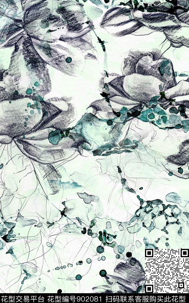 线条画肌理水墨风数码印花华亿平台下载（图片编号: 902081） - 瓦栏（Walan）