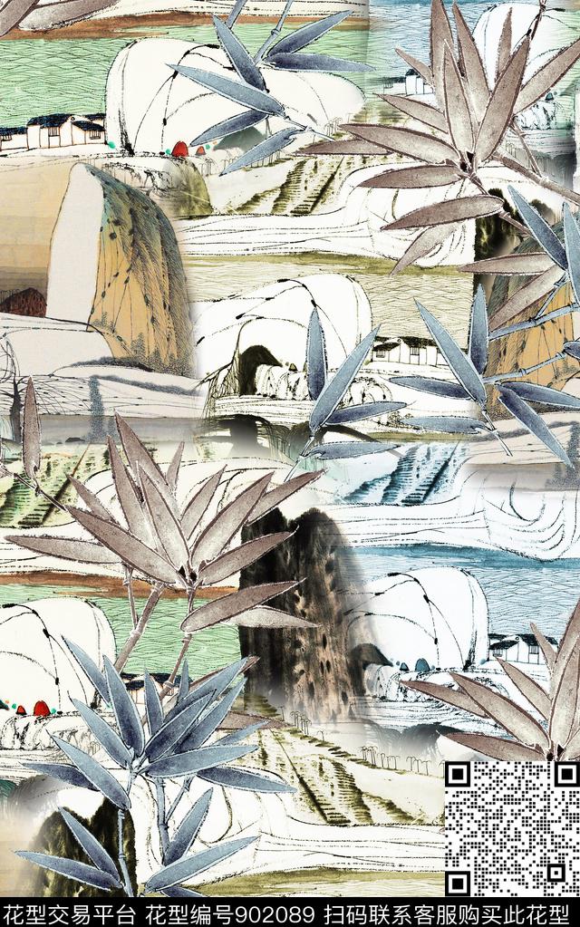 中国风水墨风国画数码印花华亿平台下载（图片编号: 902089） - 瓦栏（Walan）