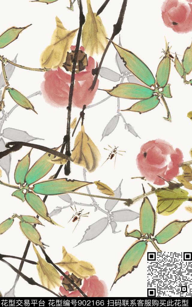 大花水墨风国画数码印花华亿平台下载（图片编号: 902166） - 瓦栏（Walan）