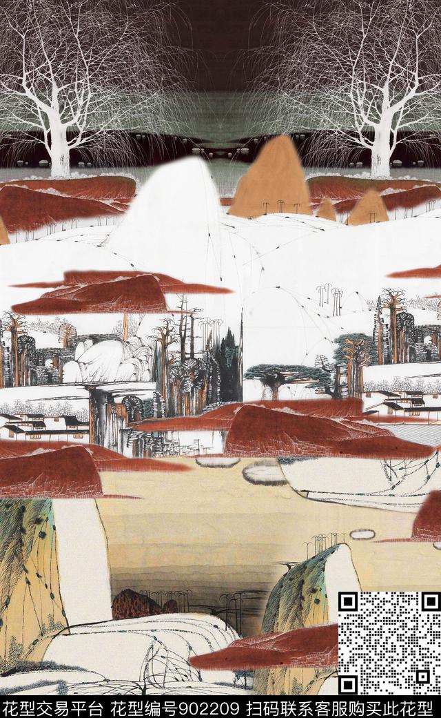 中国风定位花水墨风国画数码印花华亿平台下载（图片编号: 902209） - 瓦栏（Walan）