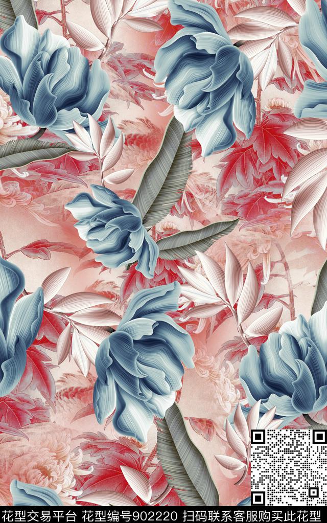 中国风水彩花卉线条数码印花华亿平台下载（图片编号: 902220） - 瓦栏（Walan）