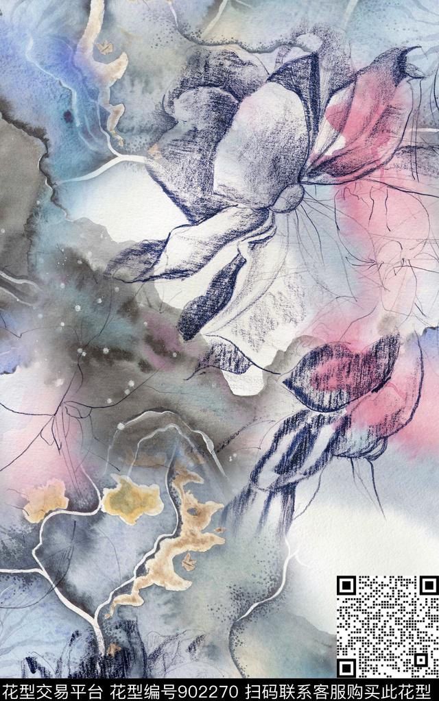 肌理线条水彩花卉数码印花华亿平台下载（图片编号: 902270） - 瓦栏（Walan）