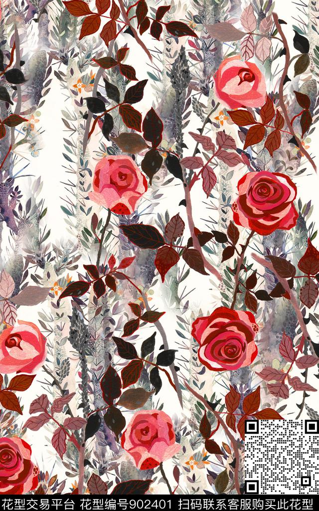 花卉手绘玫瑰肌理数码印花华亿平台下载（图片编号: 902401） - 瓦栏（Walan）