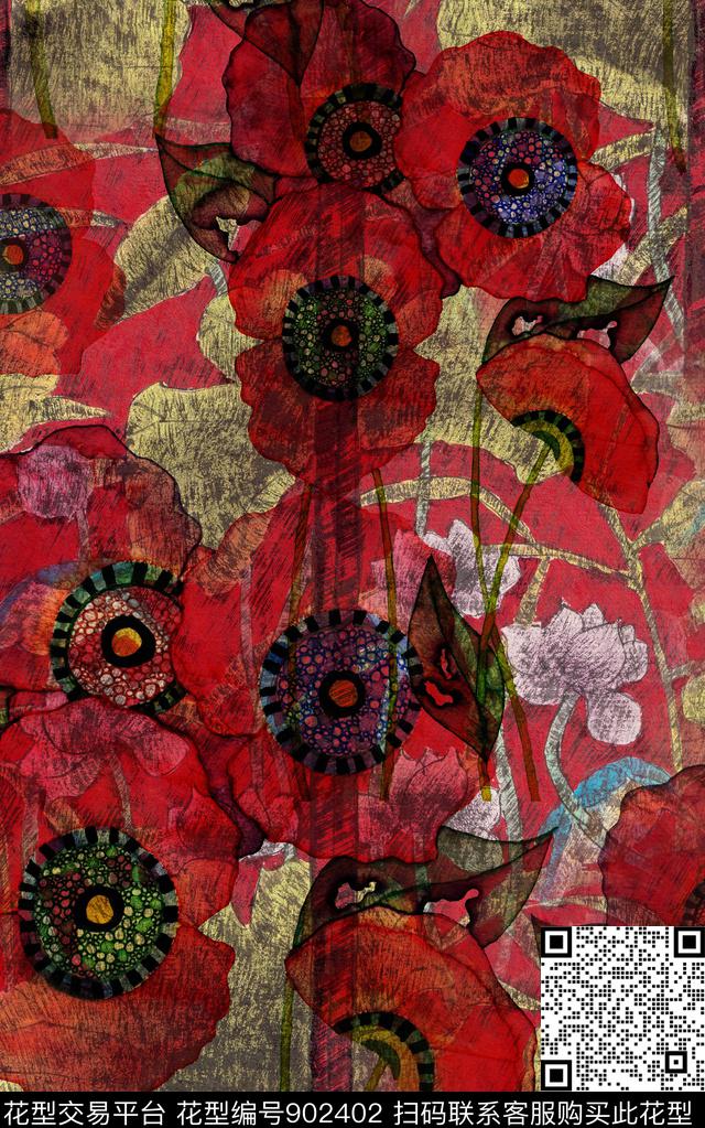 水彩花卉国画大红数码印花华亿平台下载（图片编号: 902402） - 瓦栏（Walan）