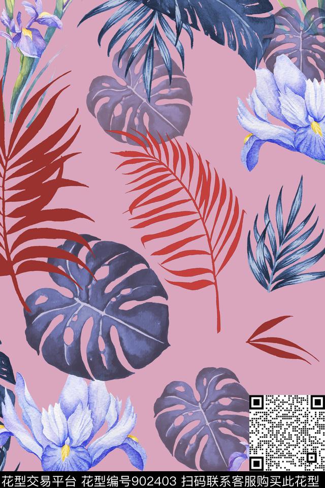 绿植树叶水彩花卉热带数码印花华亿平台下载（图片编号: 902403） - 瓦栏（Walan）