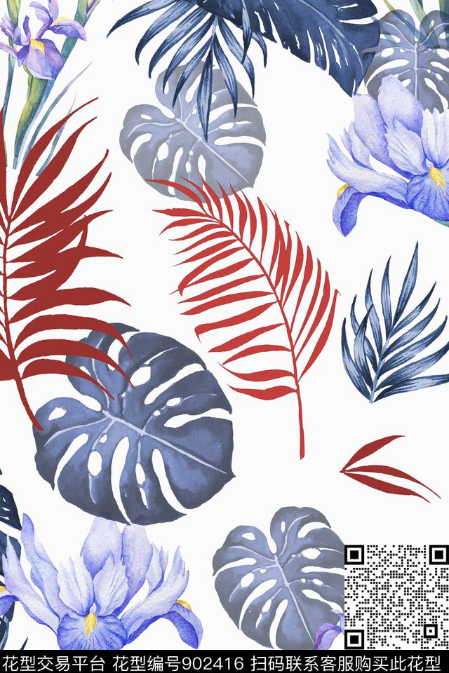 绿植树叶水彩花卉热带数码印花华亿平台下载（图片编号: 902416） - 瓦栏（Walan）
