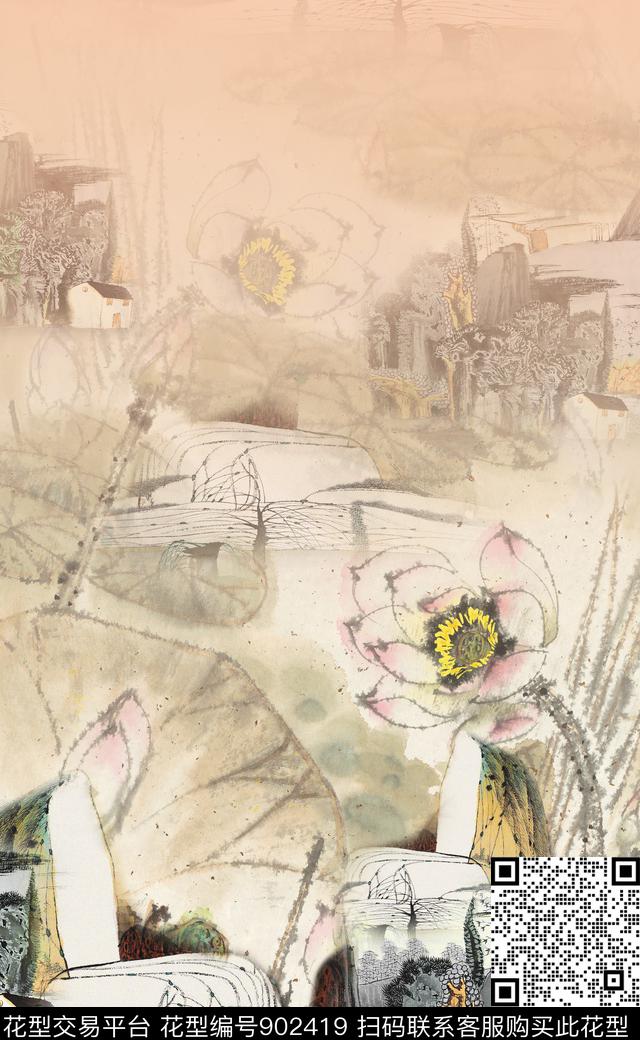 中国风定位花荷花数码印花华亿平台下载（图片编号: 902419） - 瓦栏（Walan）
