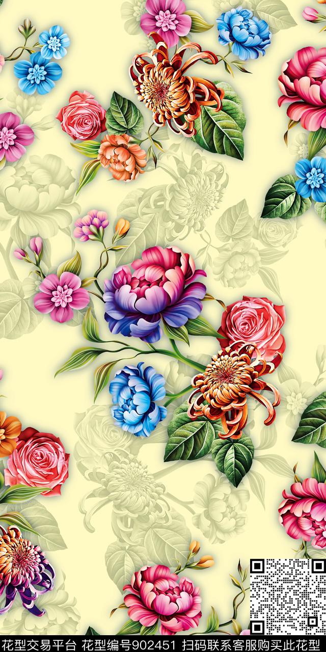 简约花卉清爽底色花数码印花华亿平台下载（图片编号: 902451） - 瓦栏（Walan）