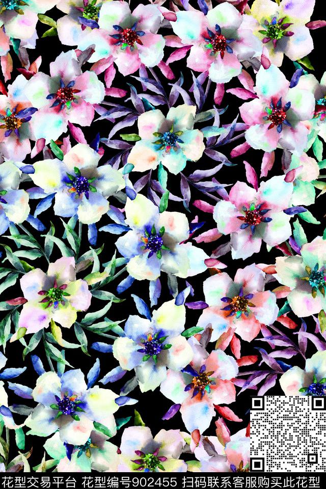 简约水彩花卉清爽底色花数码印花华亿平台下载（图片编号: 902455） - 瓦栏（Walan）