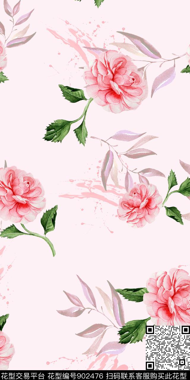 花卉水墨风清爽底色花数码印花华亿平台下载（图片编号: 902476） - 瓦栏（Walan）