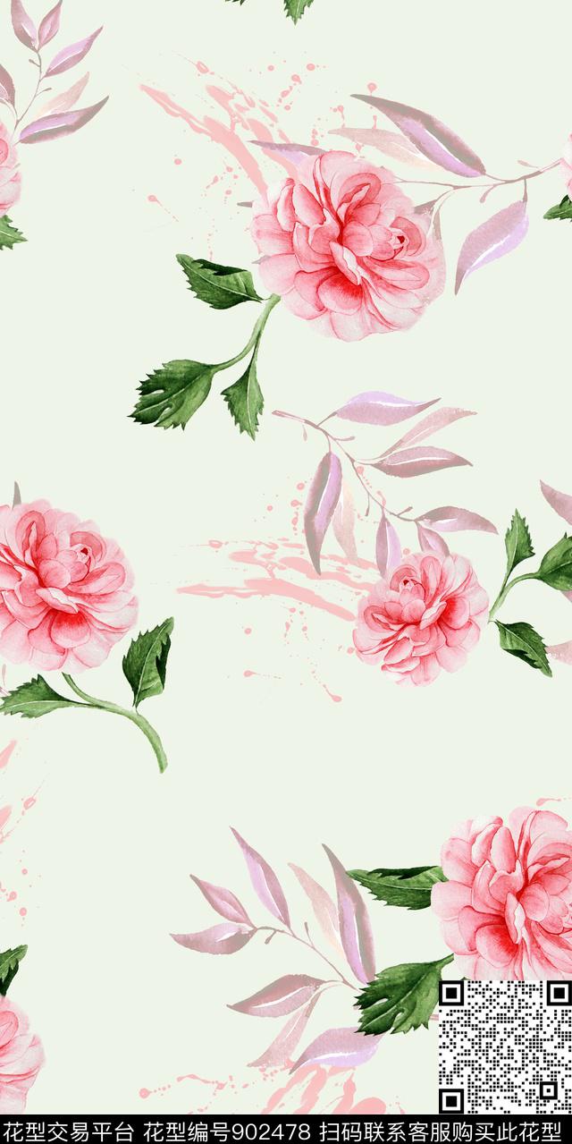花卉水墨风清爽底色花数码印花华亿平台下载（图片编号: 902478） - 瓦栏（Walan）