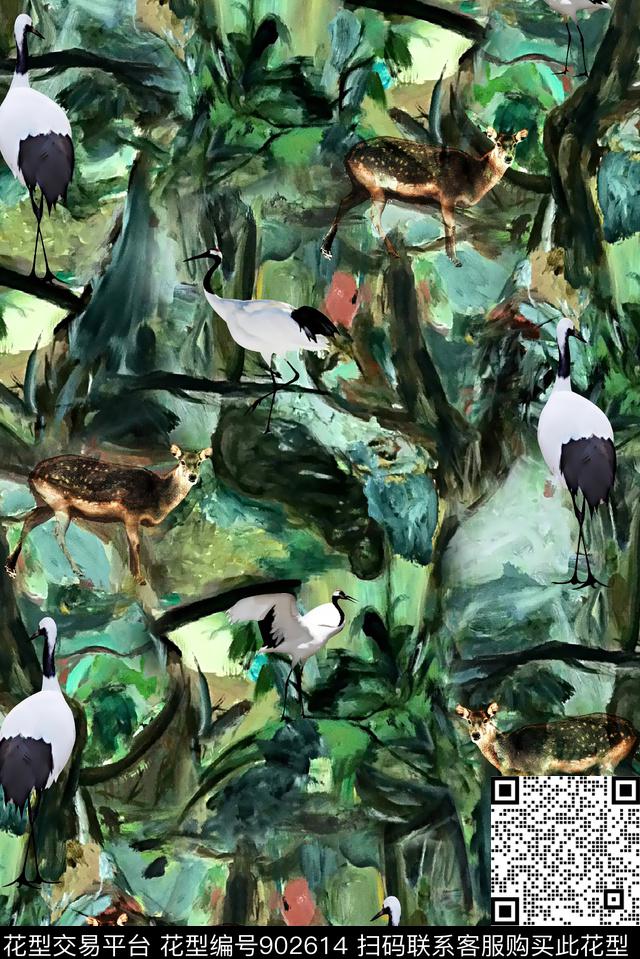仙鹤鸟抽象树林女装数码印花华亿平台下载（图片编号: 902614） - 瓦栏（Walan）