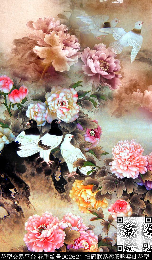 牡丹旗袍中国风定位花数码印花华亿平台下载（图片编号: 902621） - 瓦栏（Walan）